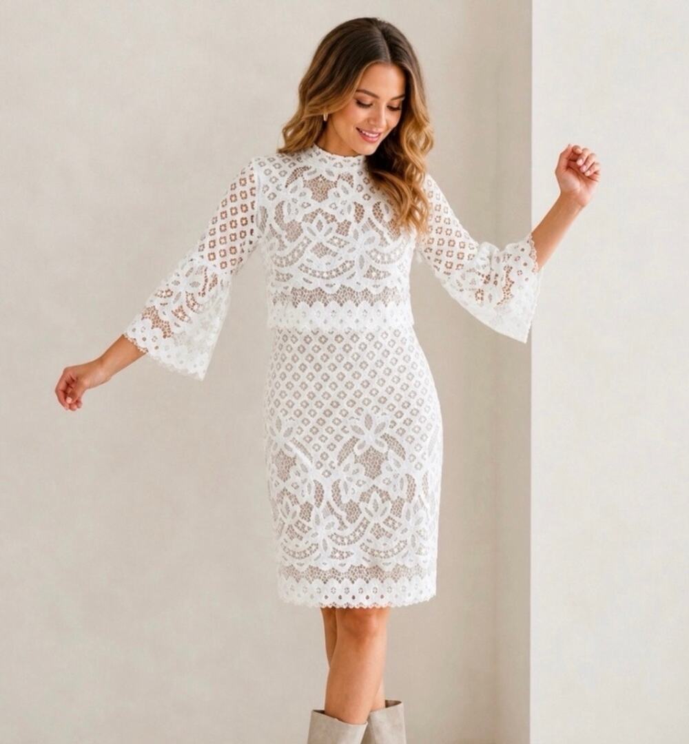 Ivy City Co. Romantic White Lace & Mauve Overlay Bell Sleeve Knee Length Dress